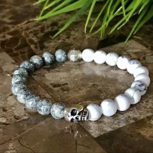 COPY - New Men Trendy Grey gemstone bead Howlite with Silver Skull Bracelet